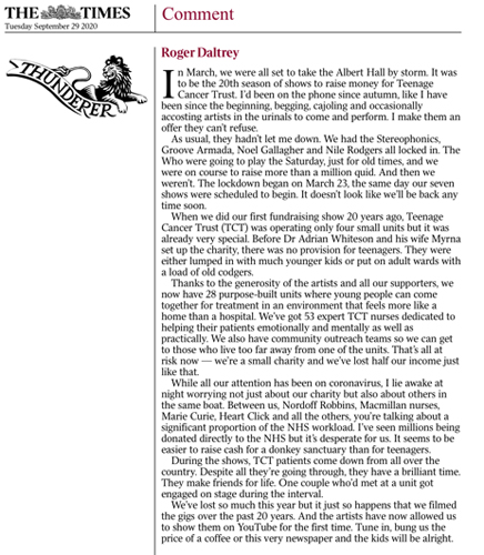 Roger Daltrey letter to The Times 29-09-2020
