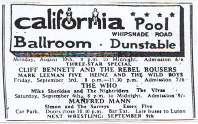 Ad for The Who at the California Ballroom 3 Sep 1965