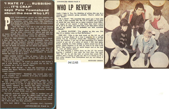 Pete Townshend reviews My Generation LP