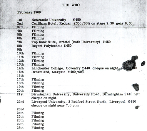 Who callsheet Feb 1969