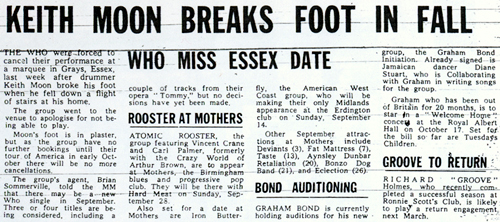 Keith Moon breaks foot in fall