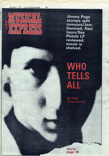 Pete Townshend NME cover Nov. 17, 1977