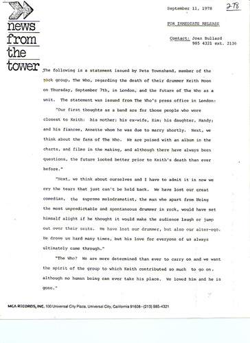 Who press release on Keith Moon's death