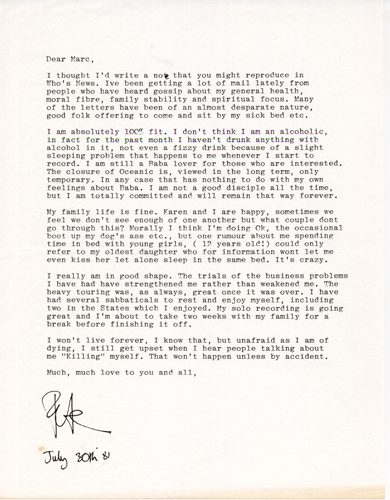 Pete Townshend 1981 letter