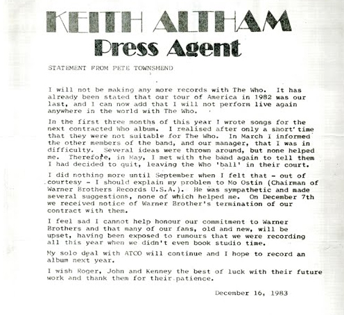 Pete Townshend press release breaking up The Who
