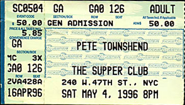 1996 Pete Townshend Supper Club ticket
